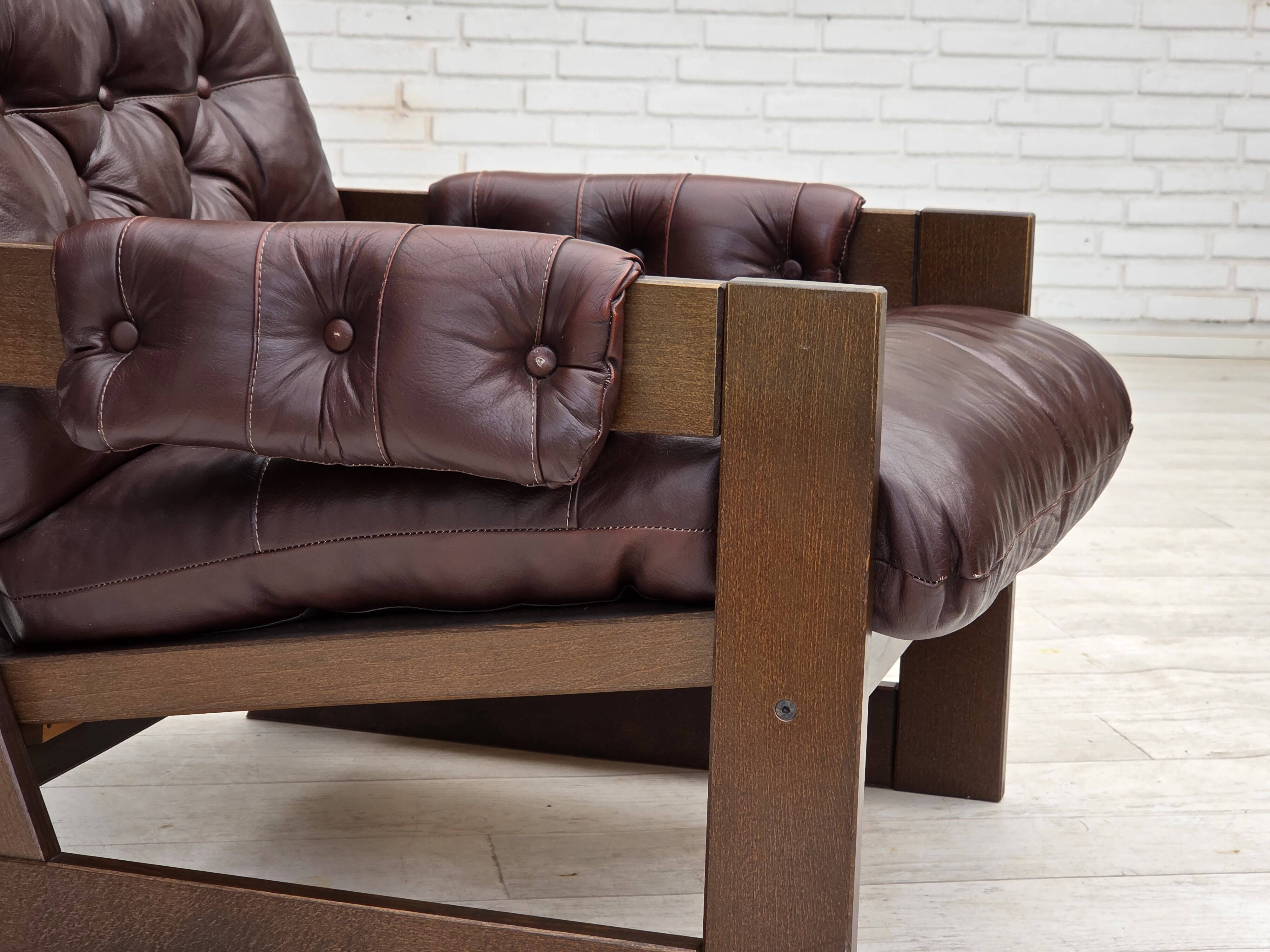 1970s, Scandinavian highback armchair, brown furniture leather, dark beech.