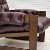 1970s, Scandinavian highback armchair, brown furniture leather, dark beech.