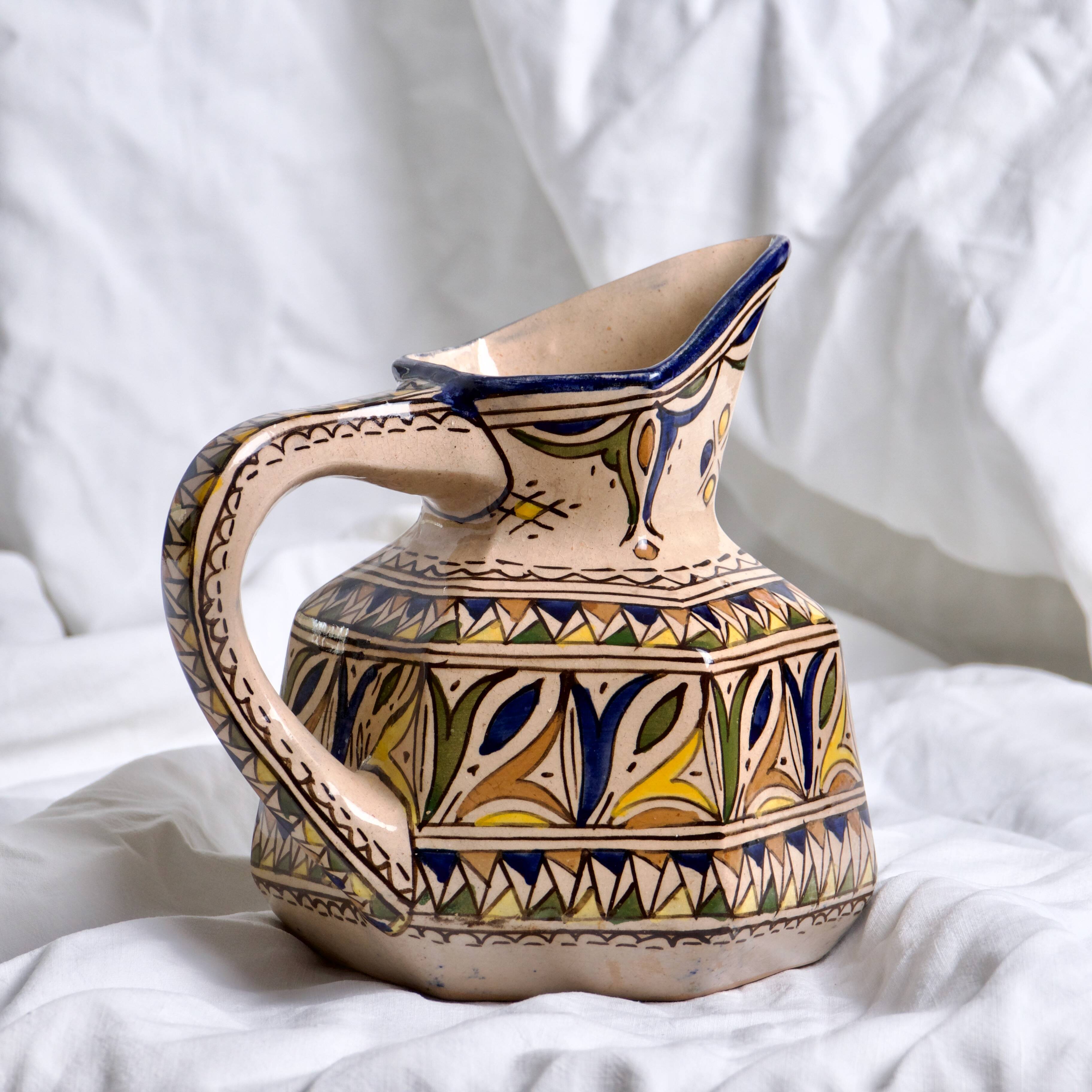 Antique hexagonal carafe in ceramic art from Fes