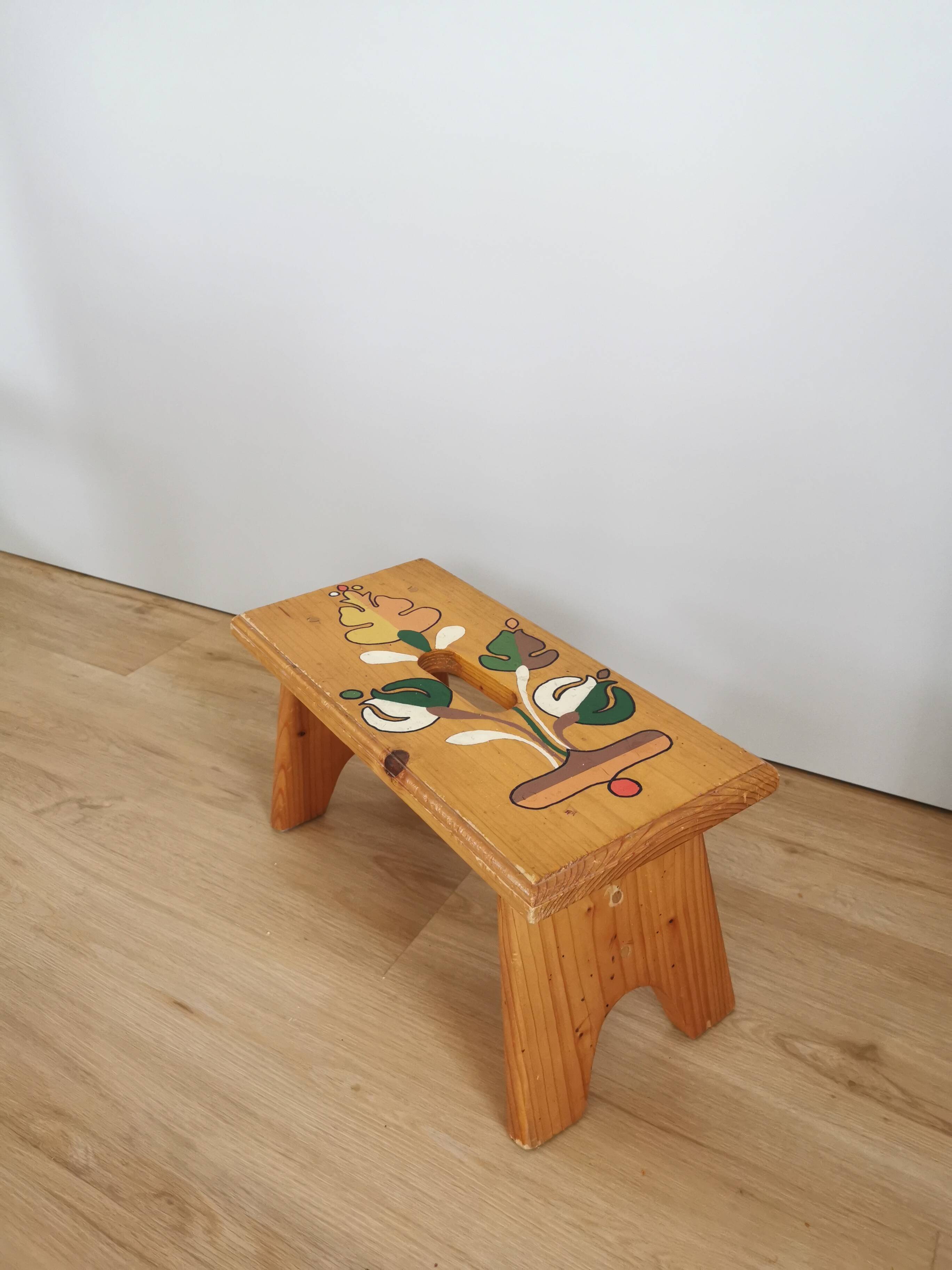 Vintage Hand-Painted Wooden Footstool: Yugoslavian Folk Art Decor