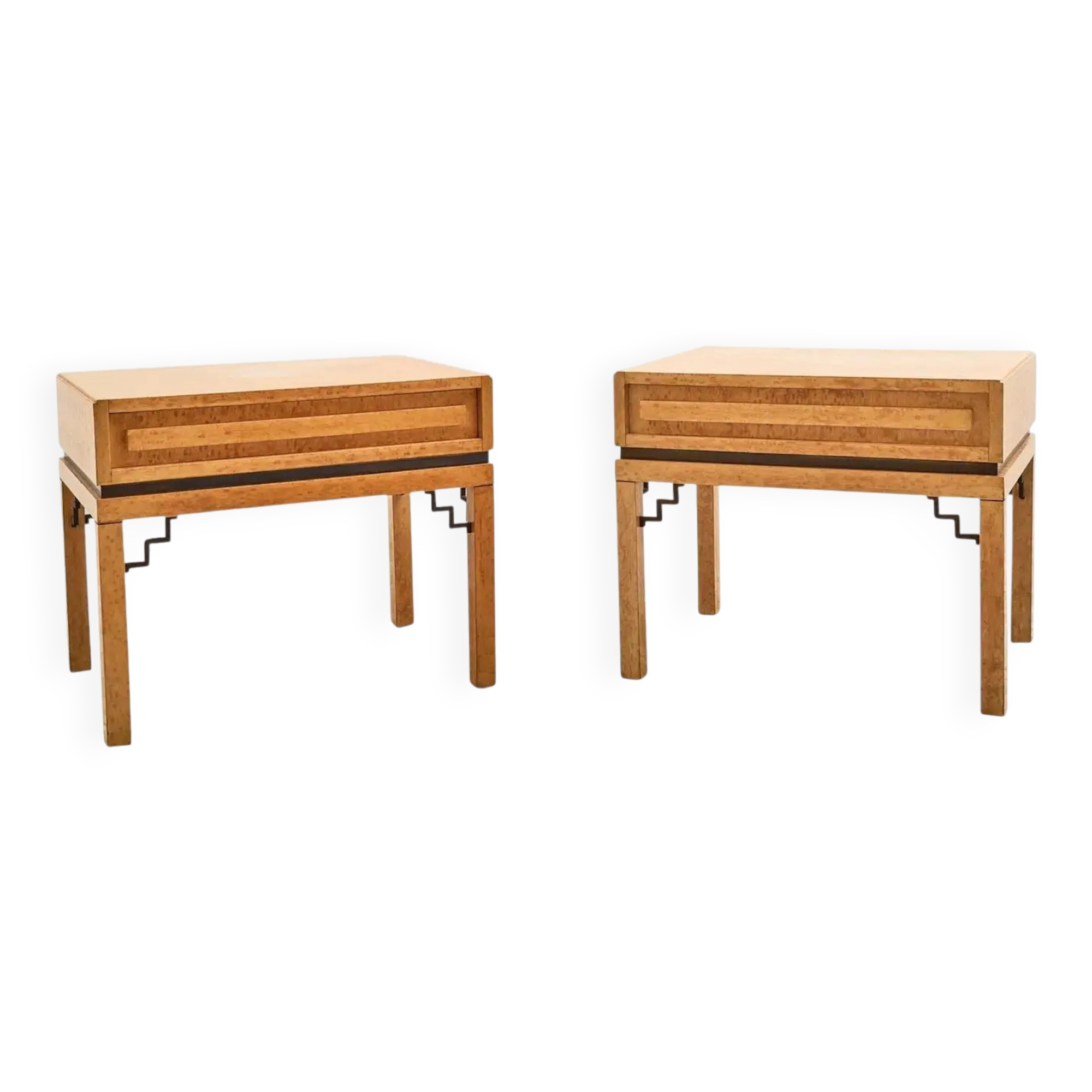 French bedside tables in birch root and brass, 1930s, set of 2