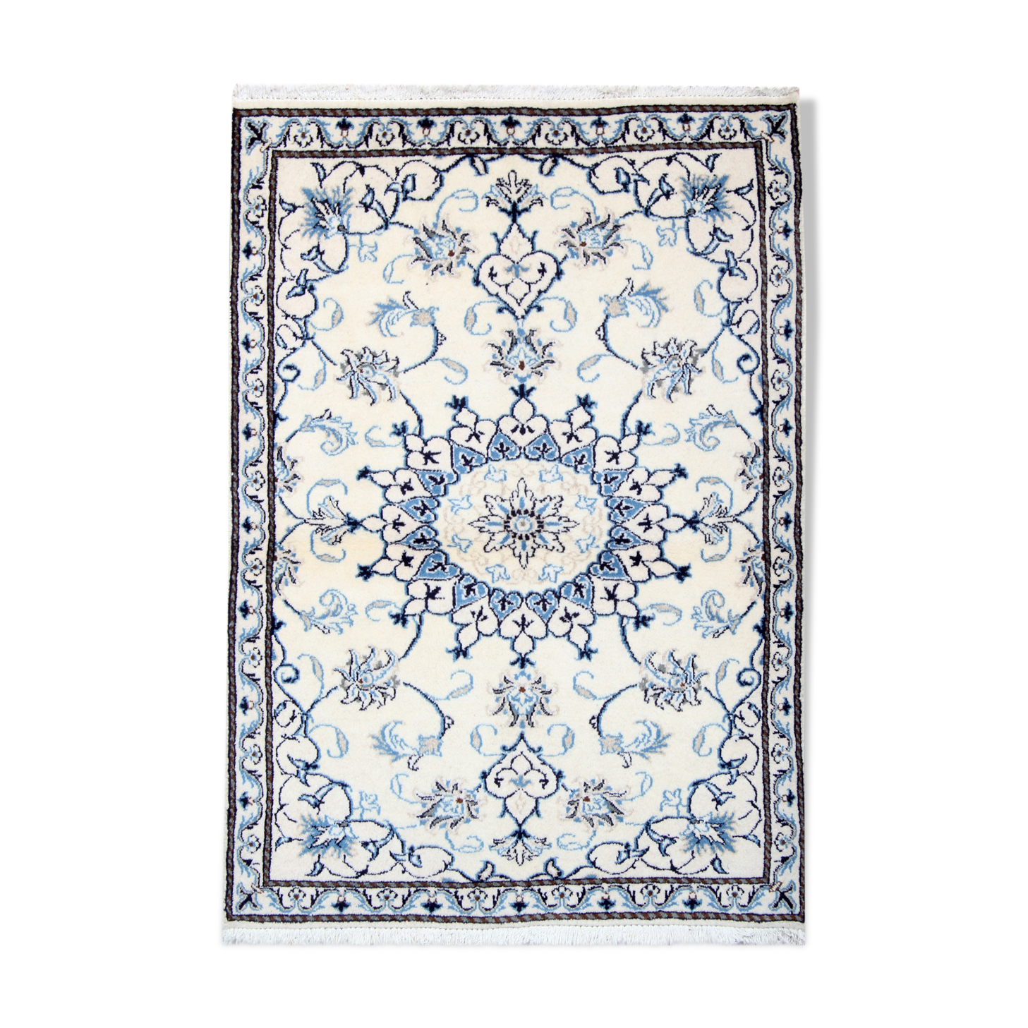 Blue cream oriental wool area rug handwoven traditional carpet- 88x131cm