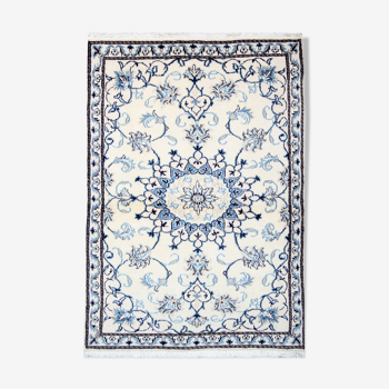 Blue cream oriental wool area rug handwoven traditional carpet- 88x131cm