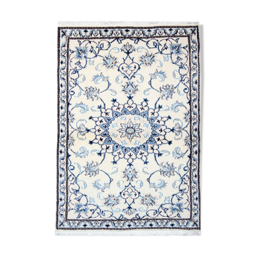 Blue cream oriental wool area rug handwoven traditional carpet- 88x131cm