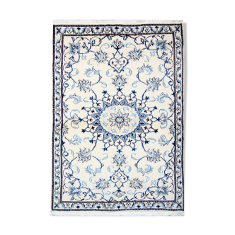 Blue cream oriental wool area rug handwoven traditional carpet- 88x131cm