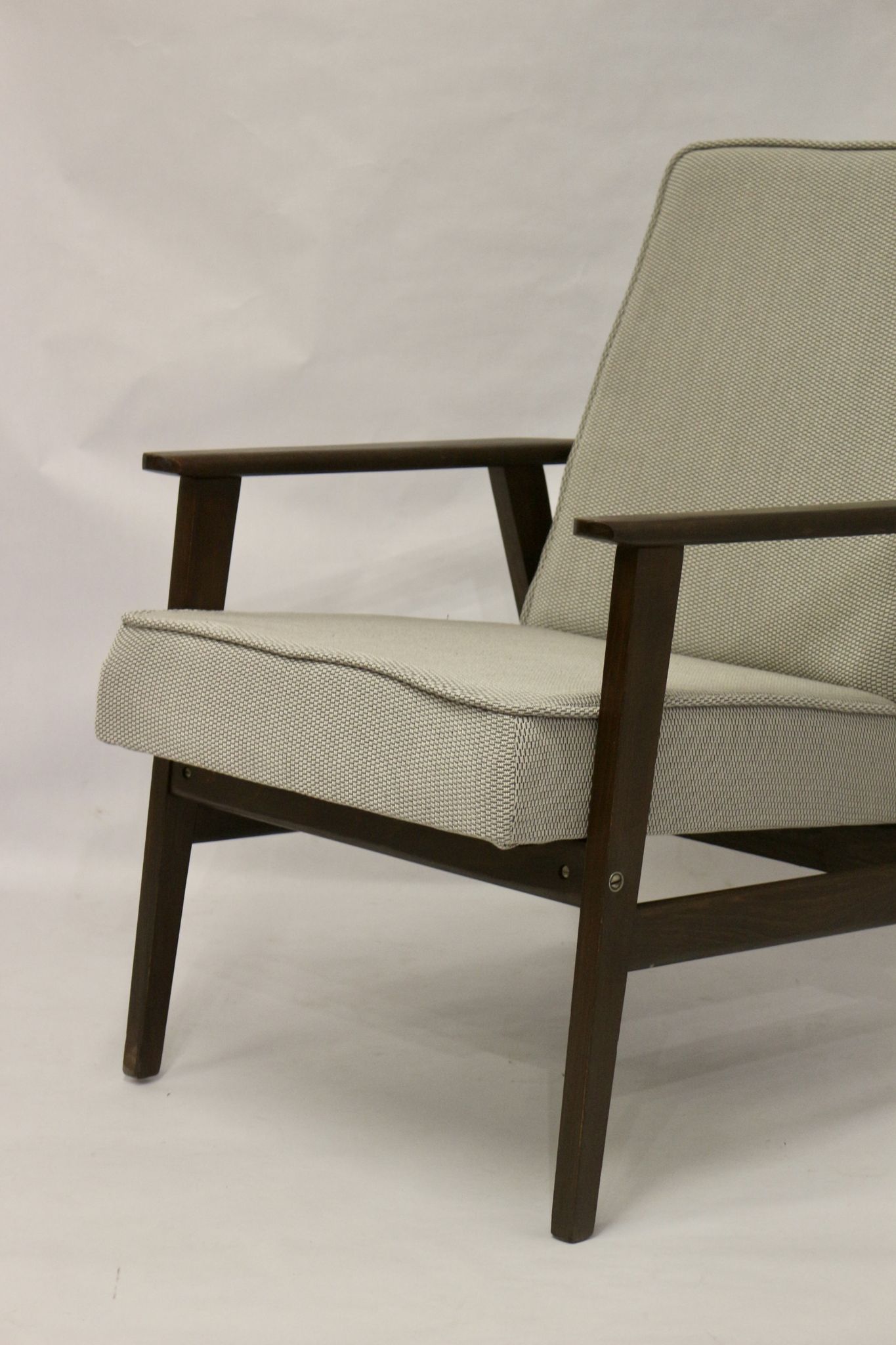 Pair of Henryk Lis armchairs 300-190s 1970s reupholstered gray textured fabric.