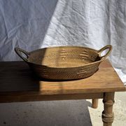 Large flat oval woven rattan basket with handles, Indonesian L53x64