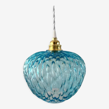 Suspension vintage bleue turquoise en verre ciselé électrifiée à neuf