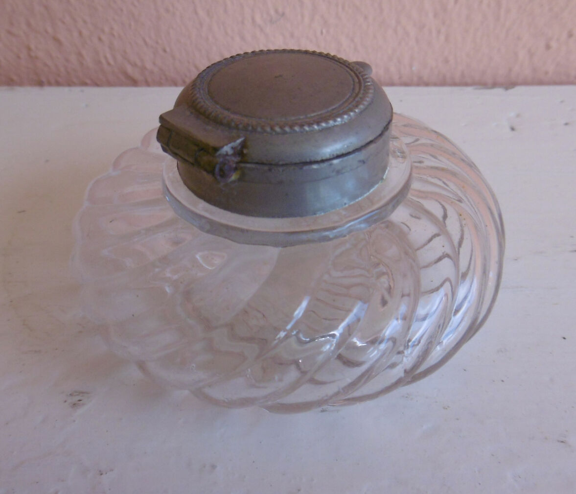 Old spiral glass inkwell with metal cabochon early XXth century