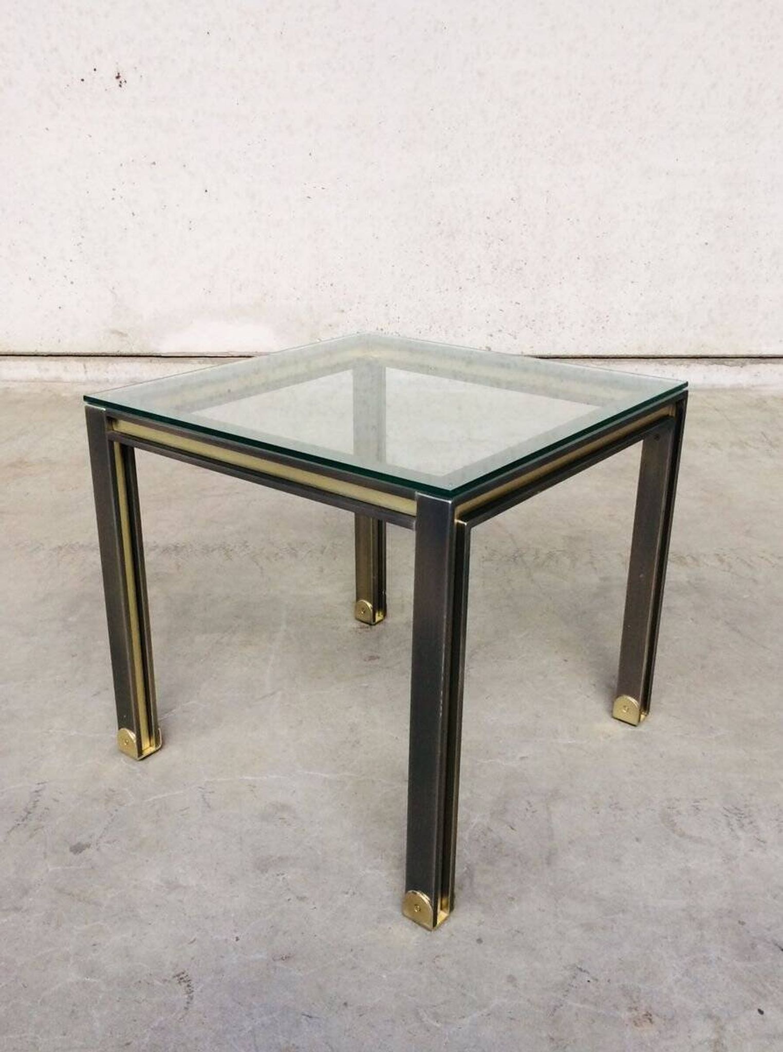 Steel and Brass Square Coffee Table, Belgium, 1980s