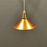 Copper hanging lamp with brass colored top and white inside lacquer.