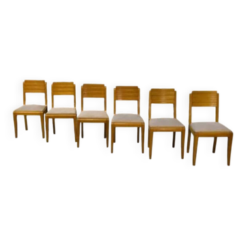 Set of 6 oak chairs by Gaston Poisson, 1940s
