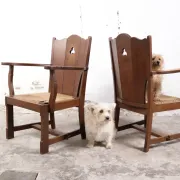 Pair of brutalist oak lounge chairs with rush seats – Netherlands