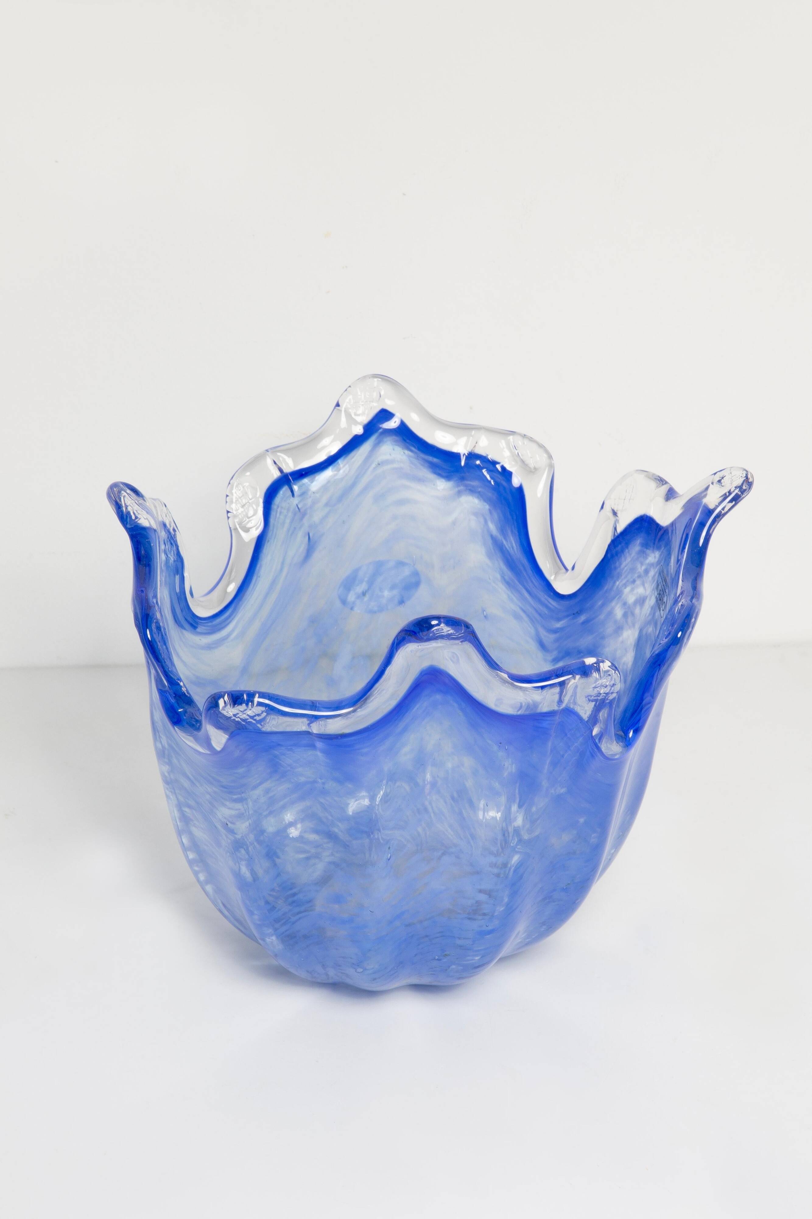 Medium blue Murano glass bowl, mid-century style, Italy, 2000s.