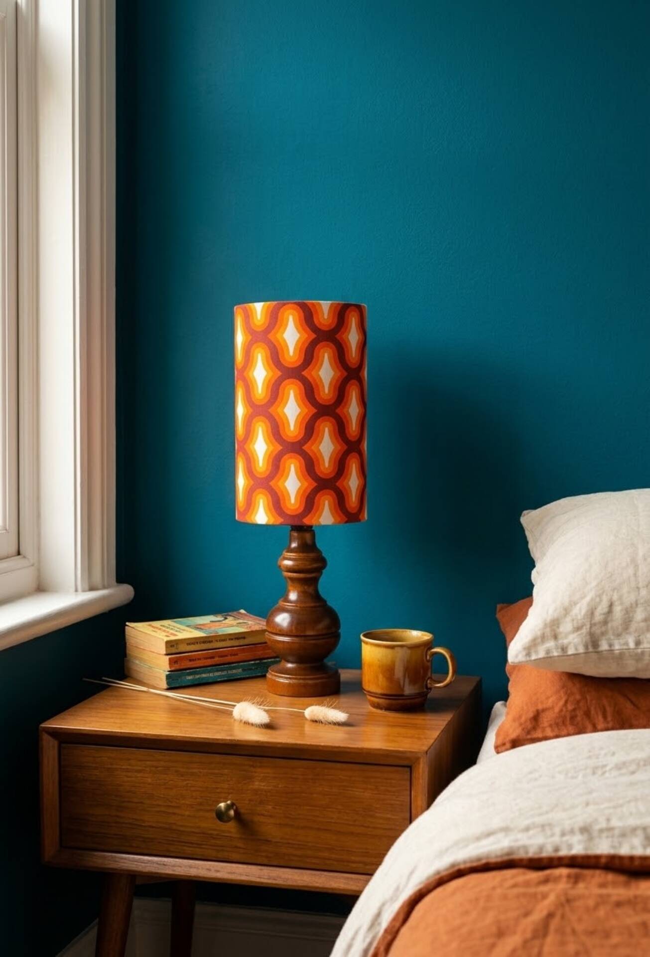 Vintage table lamp wood & seventies graphic print