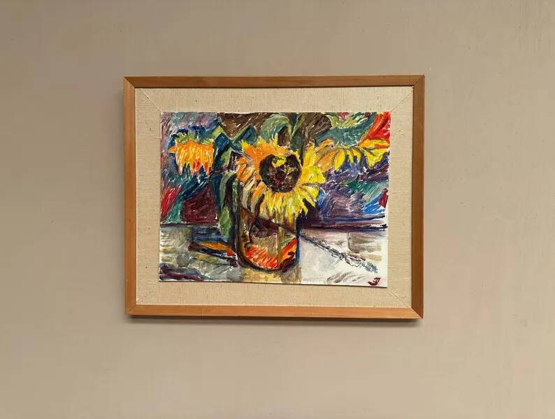 Original Swedish Oil on Panel – “Sunflowers” – Monogram Signed – Vintage & Framed