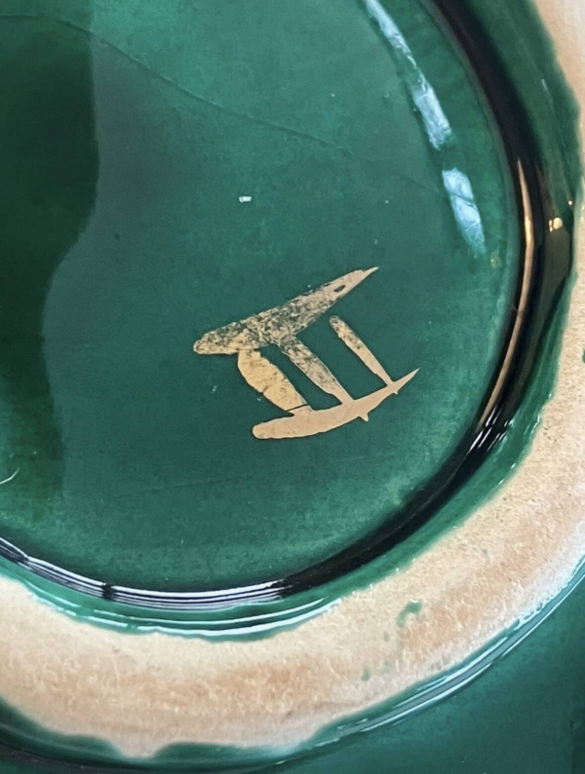 Green glazed ceramic scallop shell dish marked III