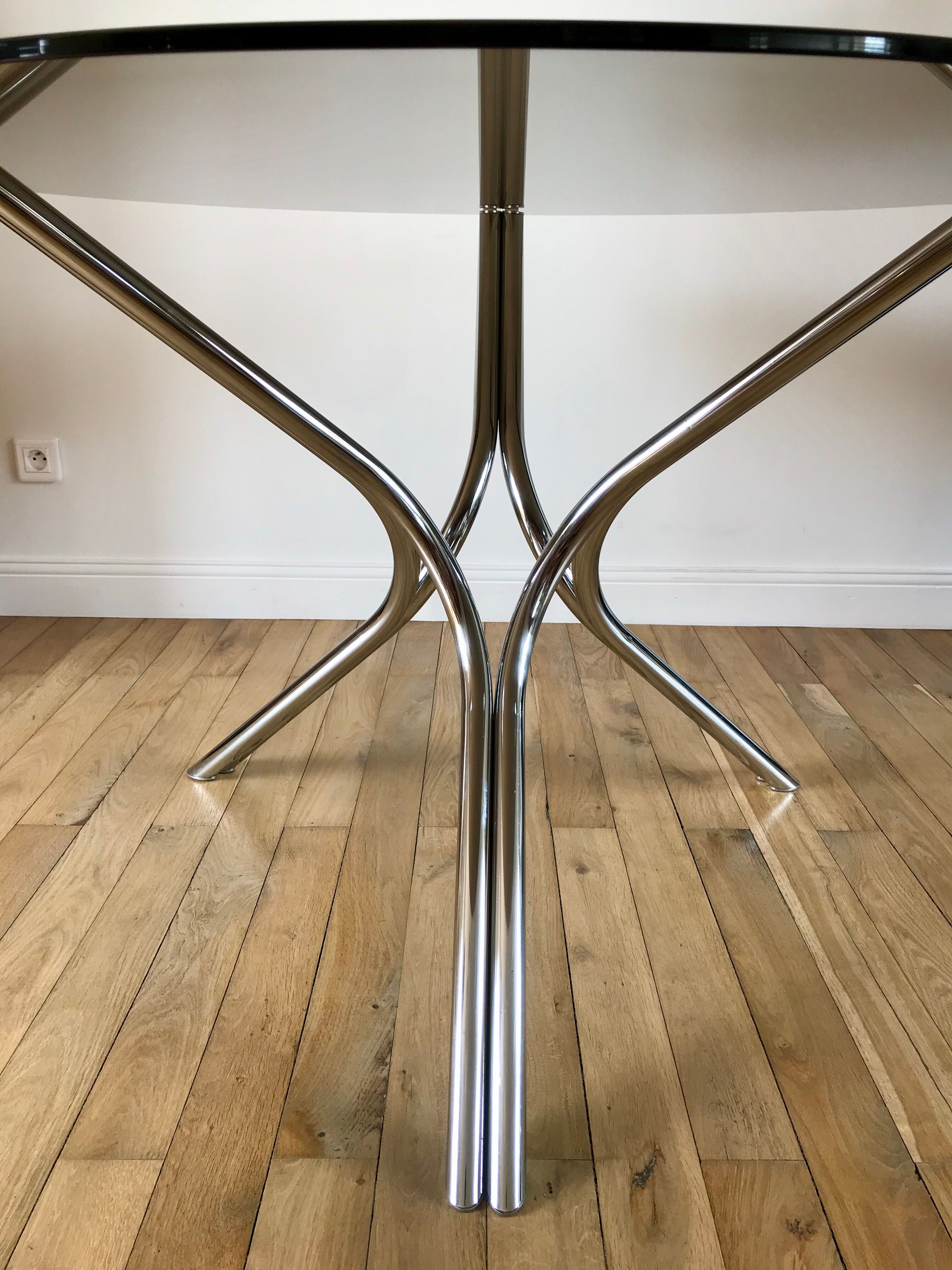 Dining / living table in chrome and smoked glass design 70s