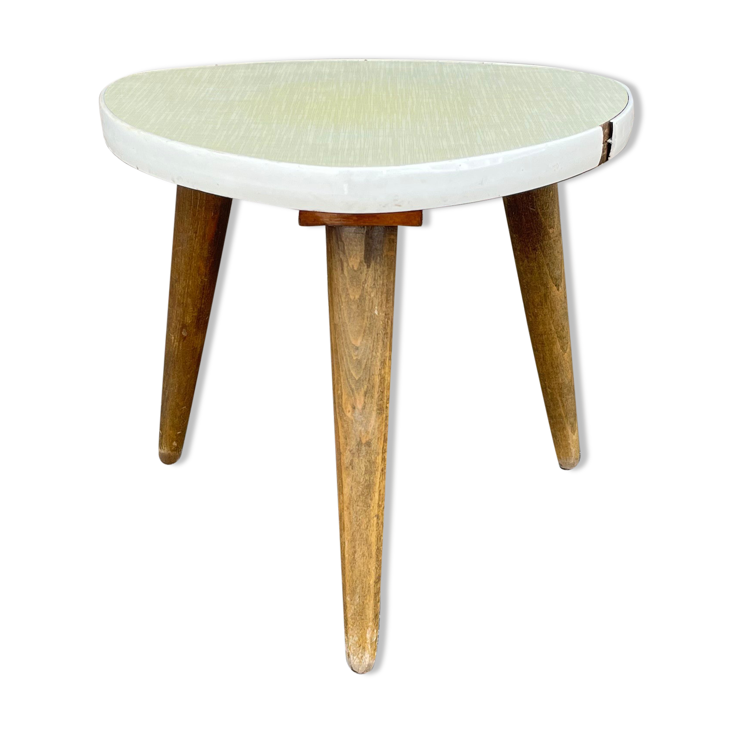 Small triangular paneling small yellow coffee table tripode door midcentury plant 1950 old