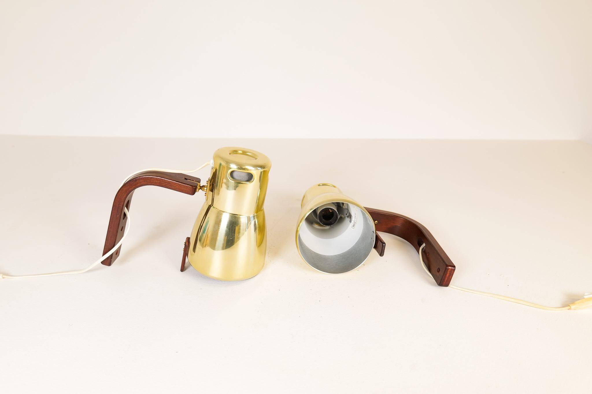 Hans-Agne Jakobsson Wall Lamps in Brass and Stained Wood, Sweden, 1970s