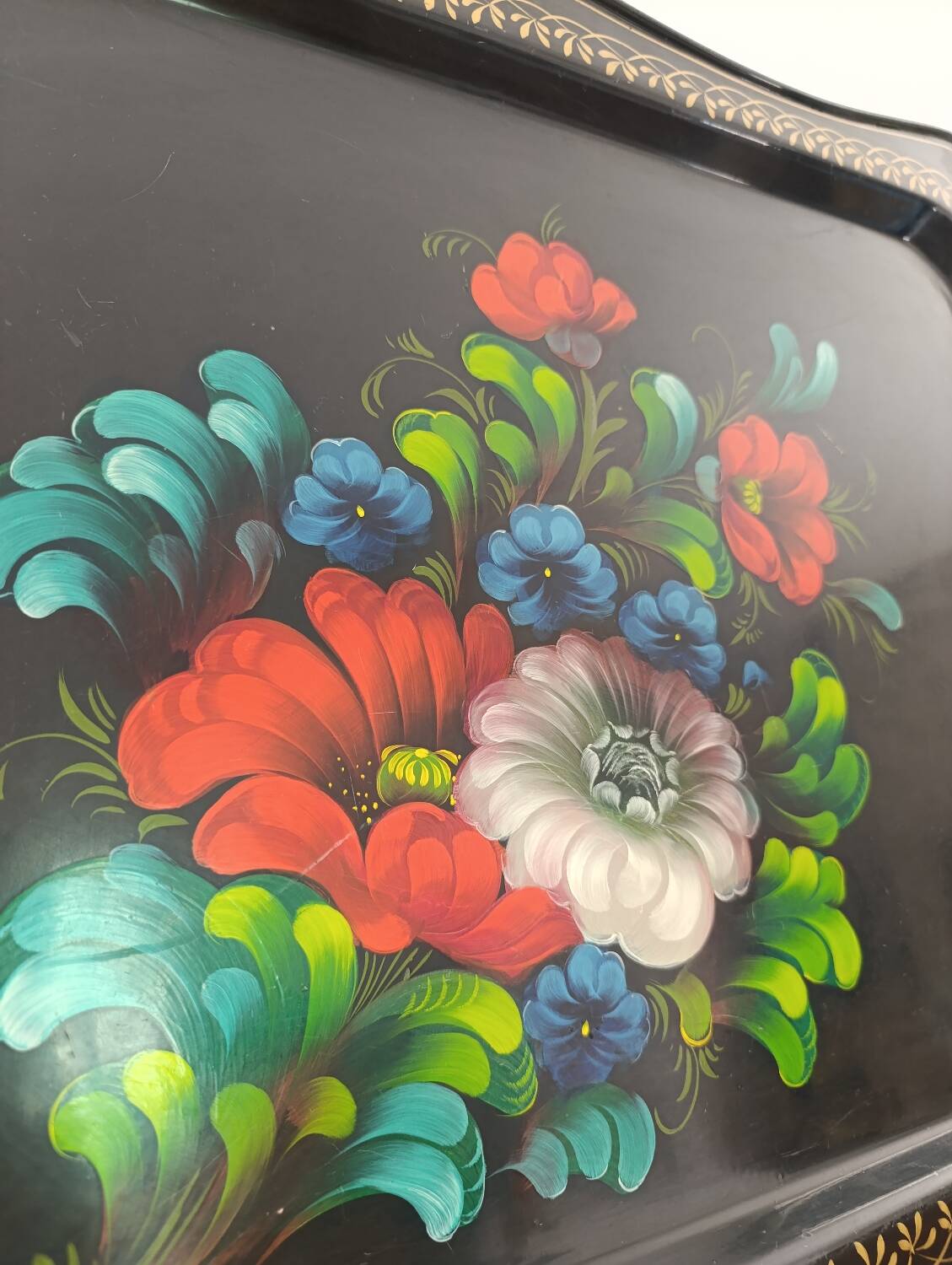 Large Vintage USSR Tray - Painted Flowers