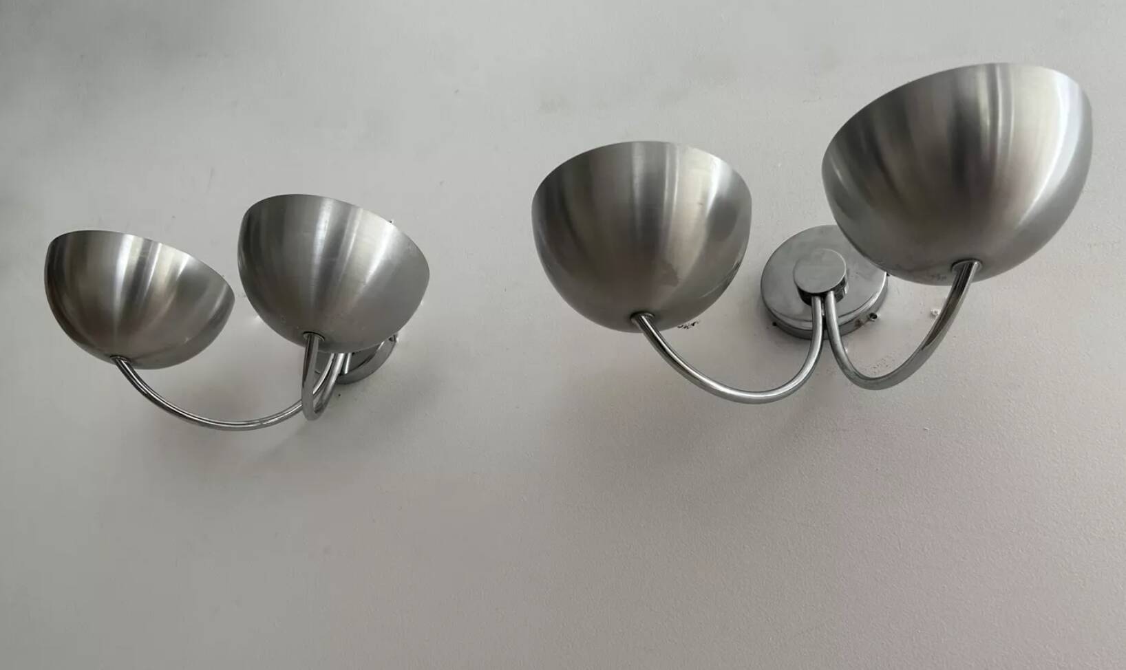 Pair of vintage double wall lights, brushed aluminum and chrome, France 1970