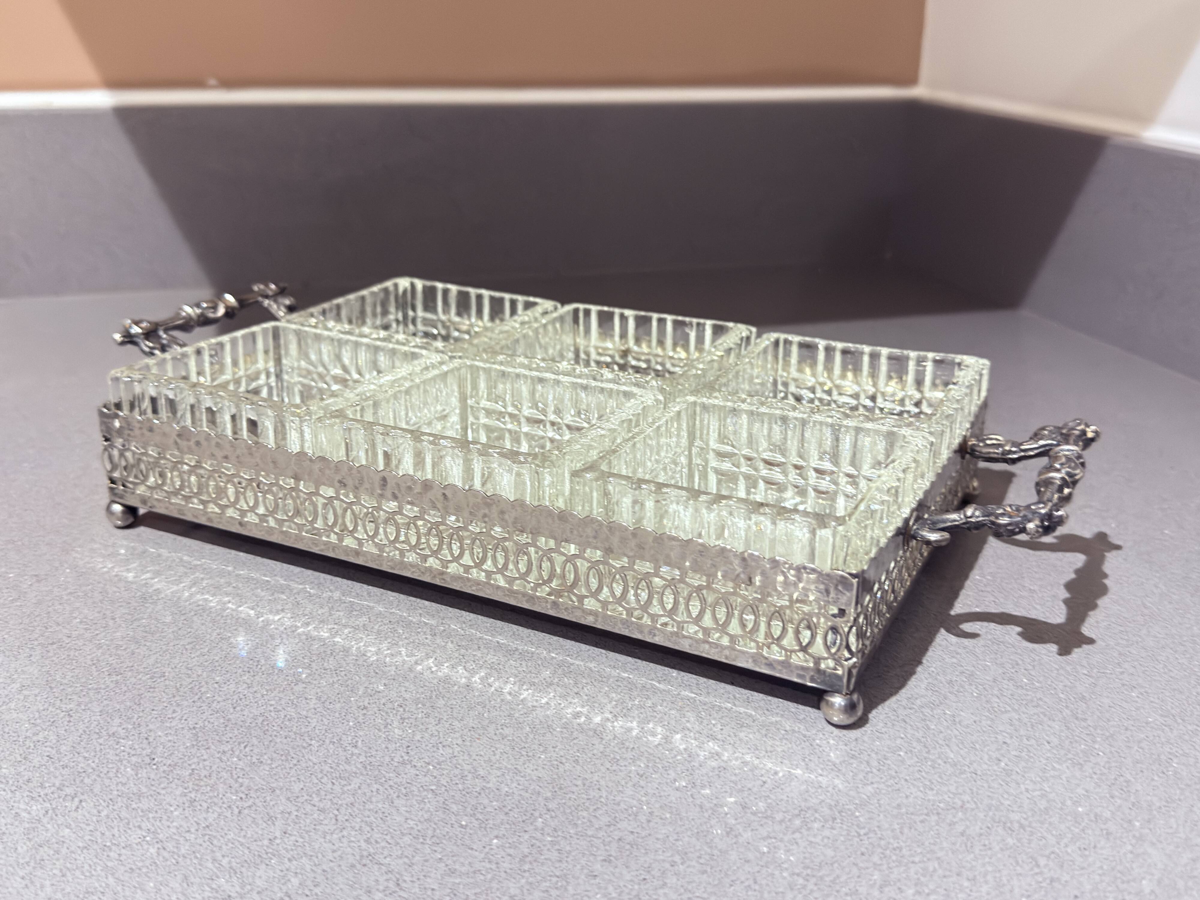 Silver-Plated Tray with Six Cut Glass Dishes, Vintage Entertaining Set