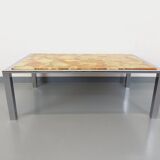 Large vintage coffee table in chrome metal, yellow onyx stone and resin from the 70s
