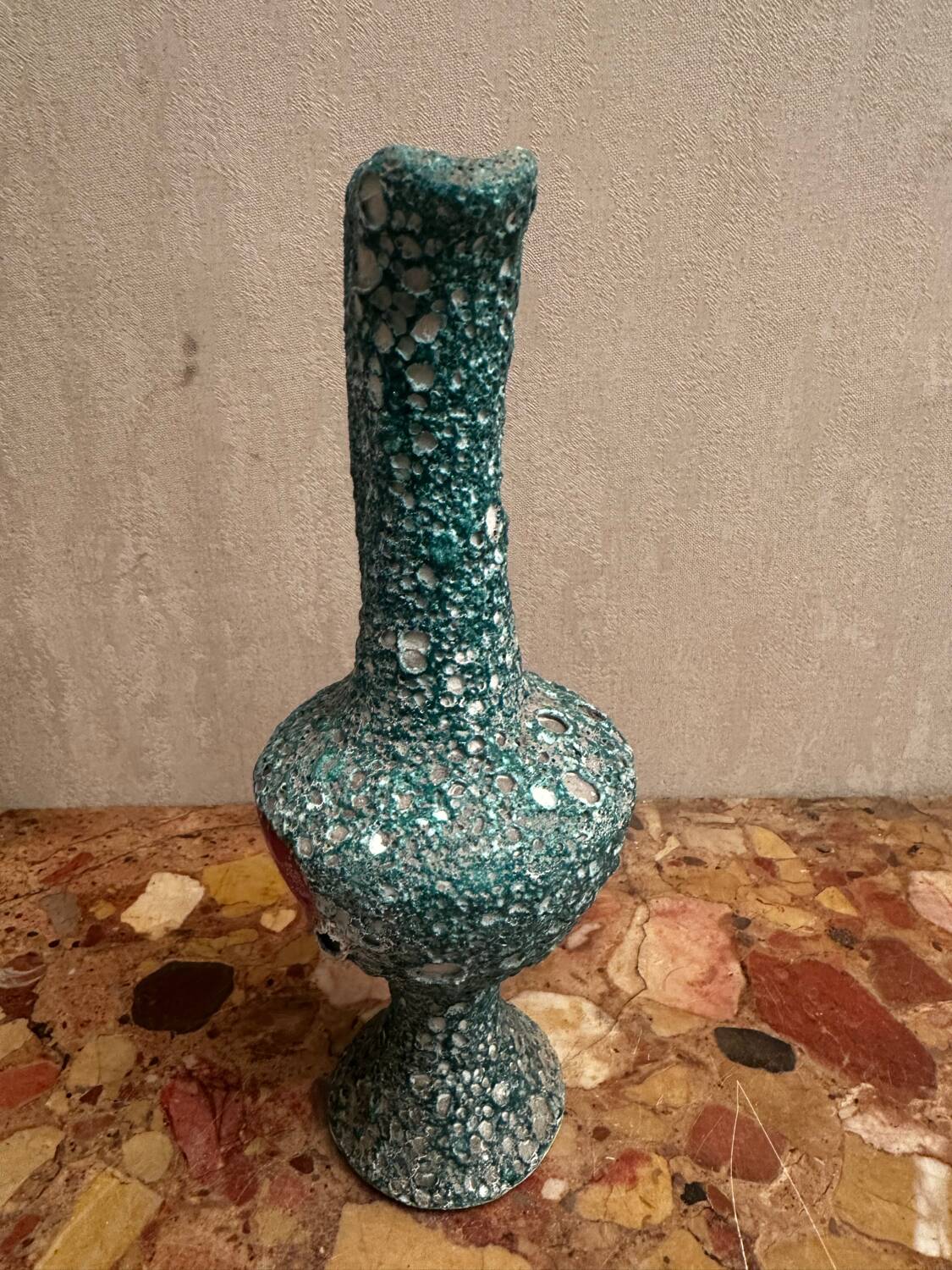 Pitcher/ Ceramic vase sea foam green and red glazed