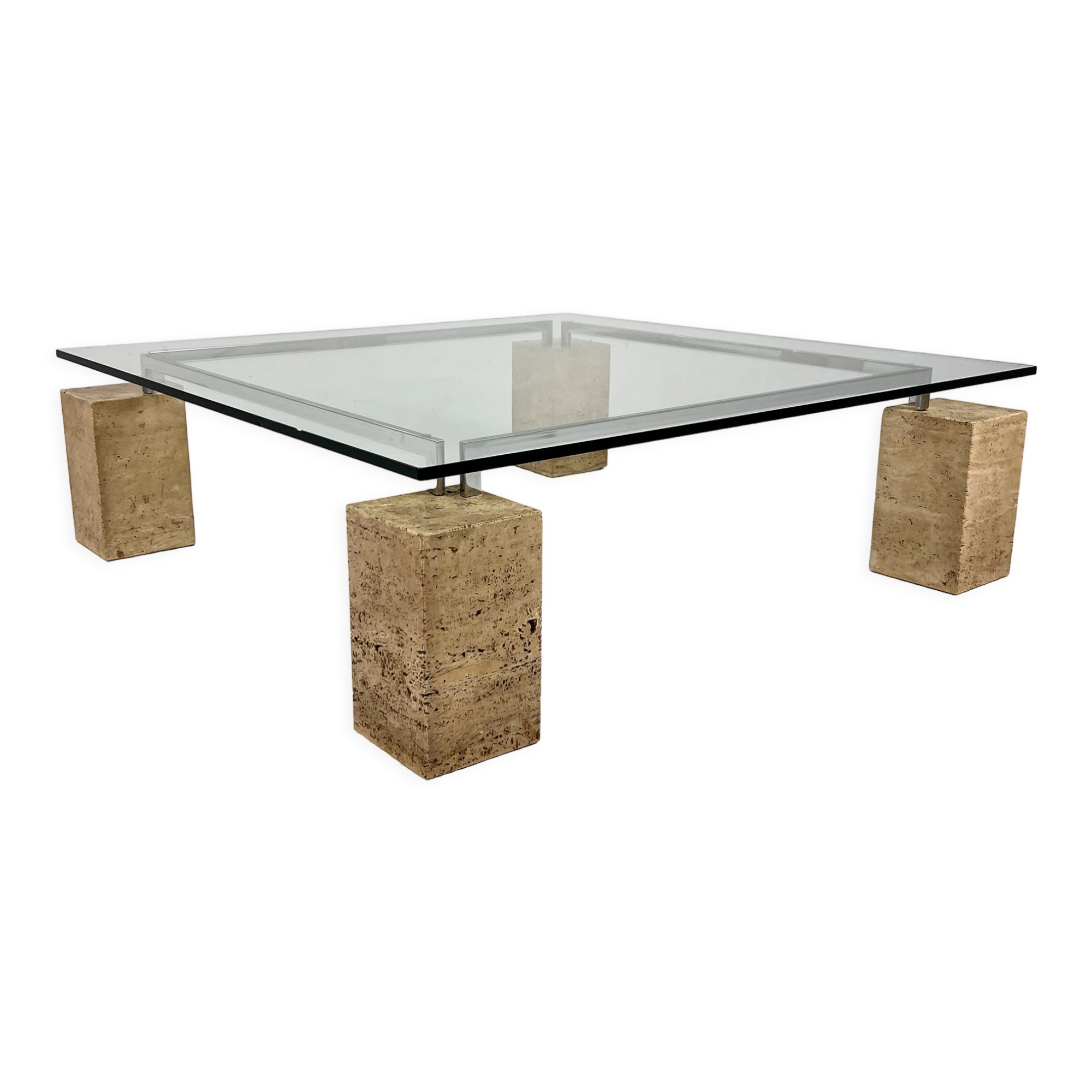 Glass and travertine coffee table by Piero De Longhi for Catalan Italia, 1980s