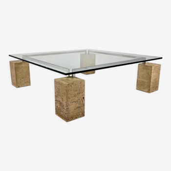 Glass and travertine coffee table by Piero De Longhi for Catalan Italia, 1980s
