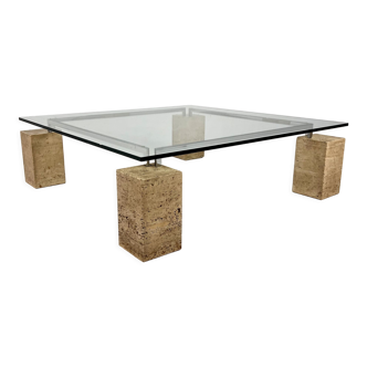 Glass and travertine coffee table by Piero De Longhi for Catalan Italia, 1980s