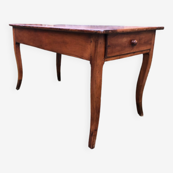 Old Louis XV style farmhouse table with base called doe foot in solid cherry wood with 2 drawers