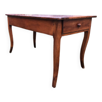 Old Louis XV style farmhouse table with base called doe foot in solid cherry wood with 2 drawers