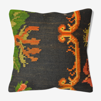 Coussin kilim moldave noir, orange et vert