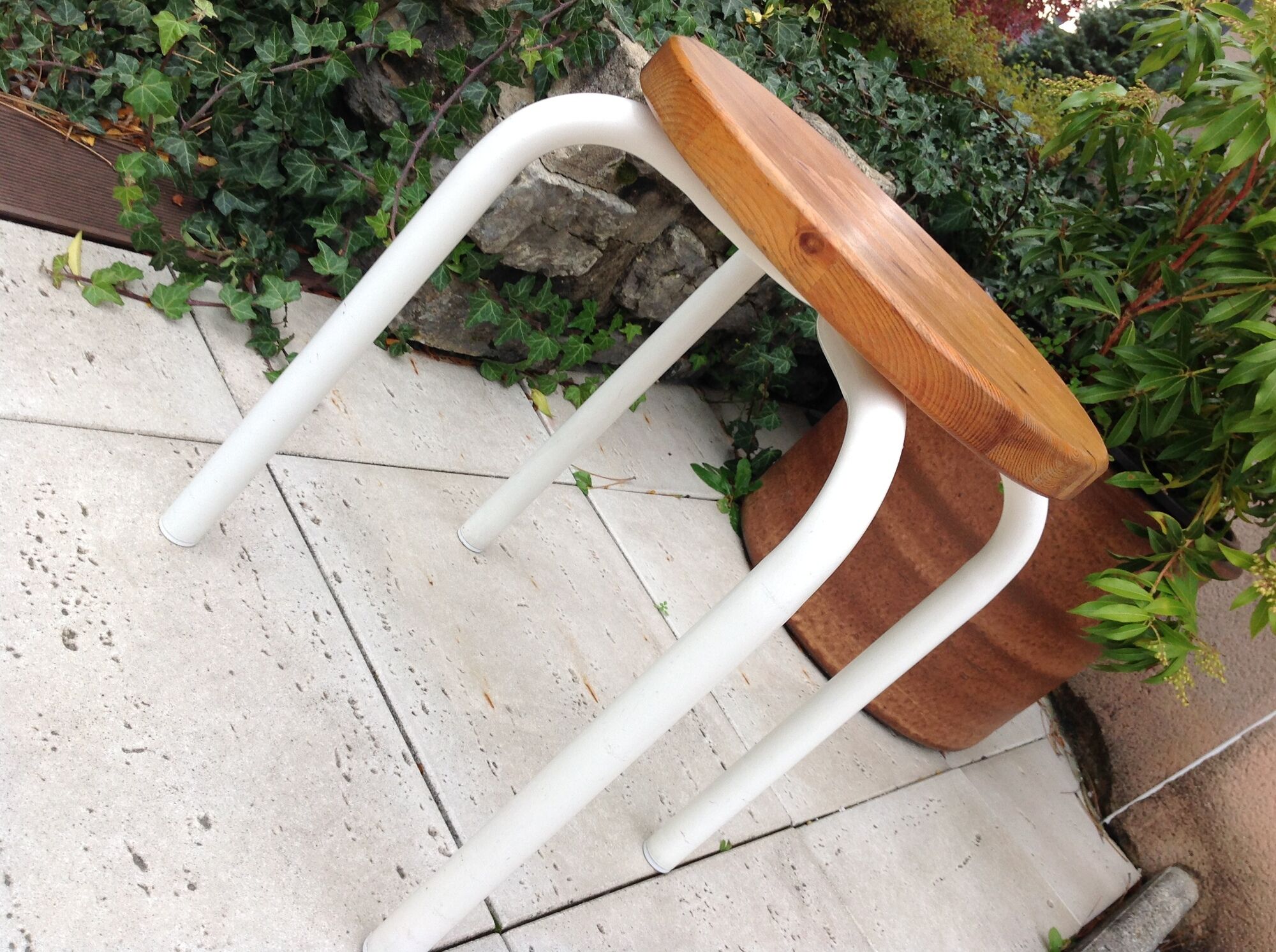 Old wooden stool and white lacquered feet industrial style, 60-70