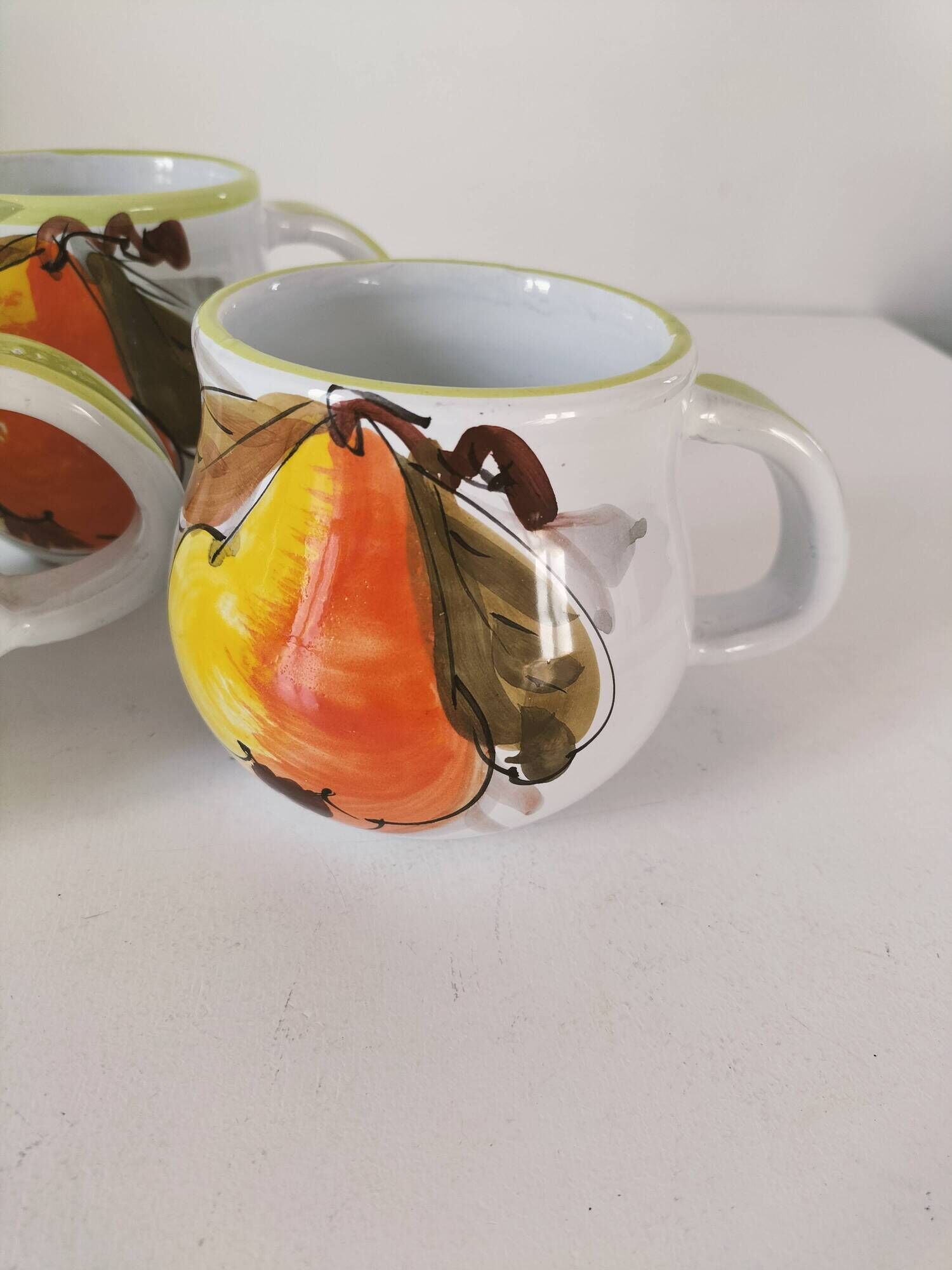 Trio of vintage Italian earthenware mugs, hand-painted – pear motif