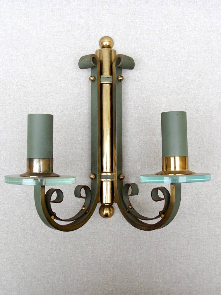 Pair of art deco lacquered metal, brass and glass wall lights