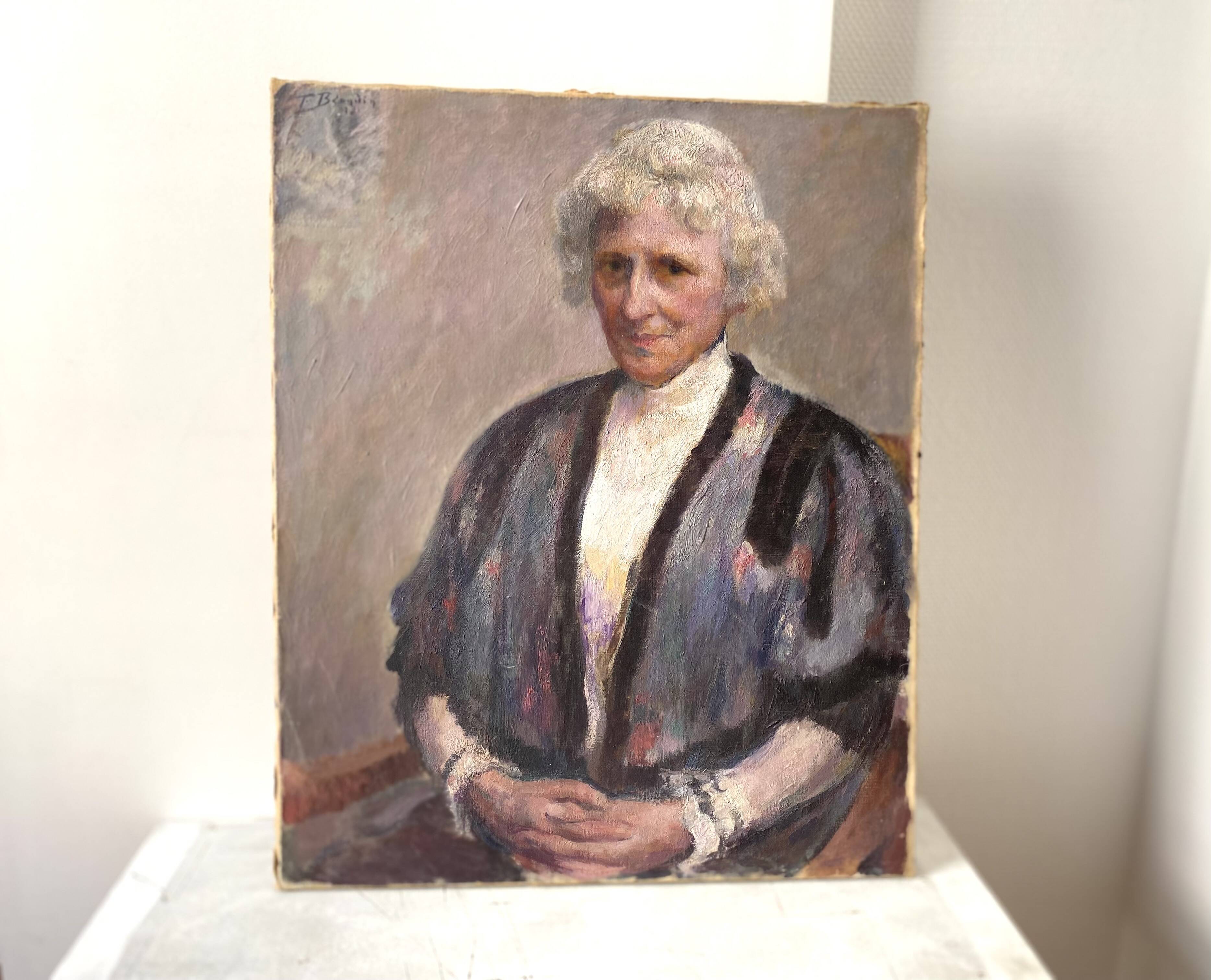 Old portrait signed Fernand Blondin dated 1932, vintage oil on canvas of a woman