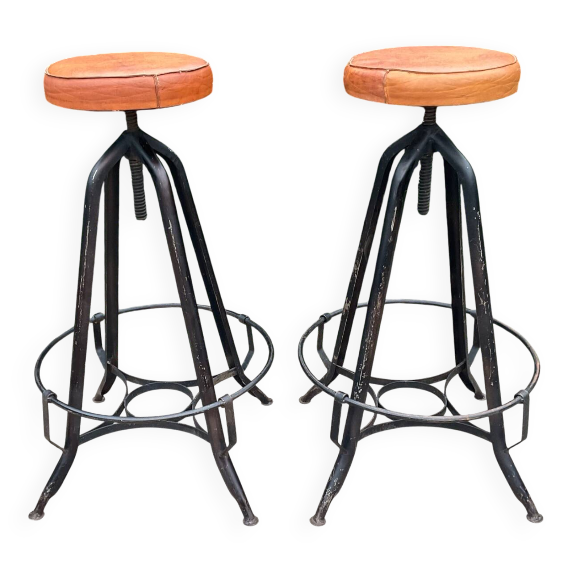 Pair of vintage metal and leather bar stools