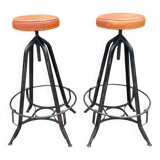 Pair of vintage metal and leather bar stools