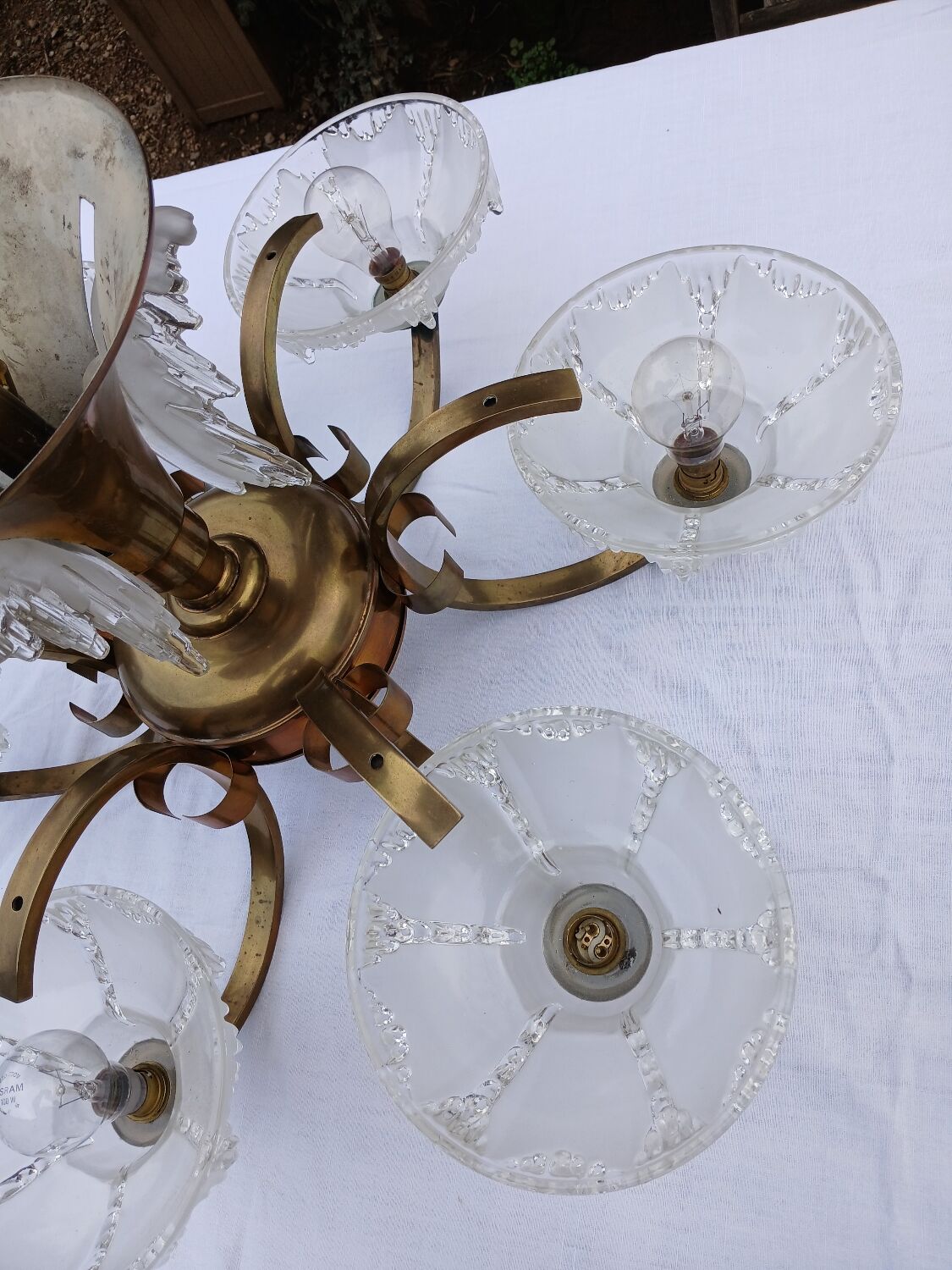 Antique Art Deco brass and glass chandelier