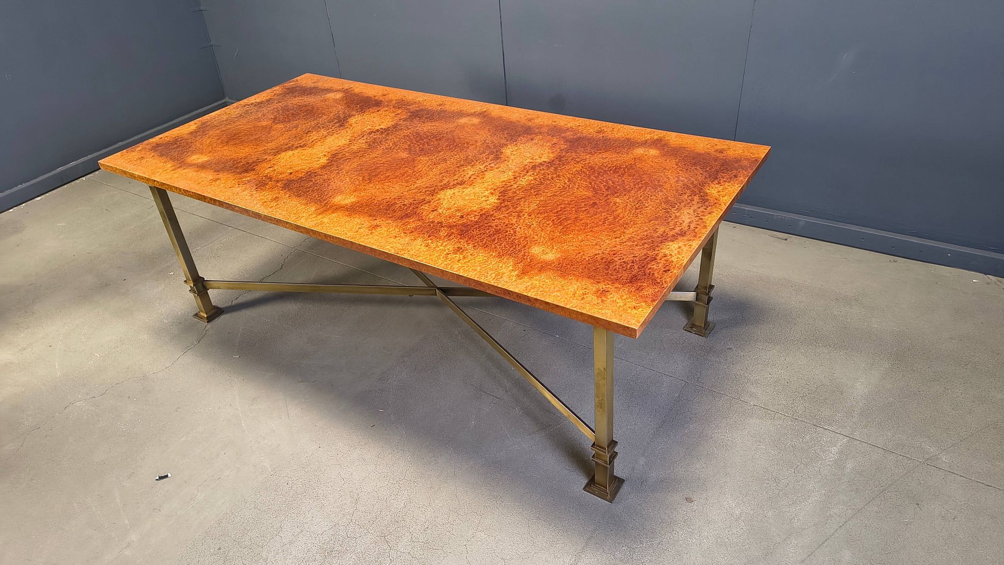 Vintage burl wood and brass dining table by Belgochrom, 1970s