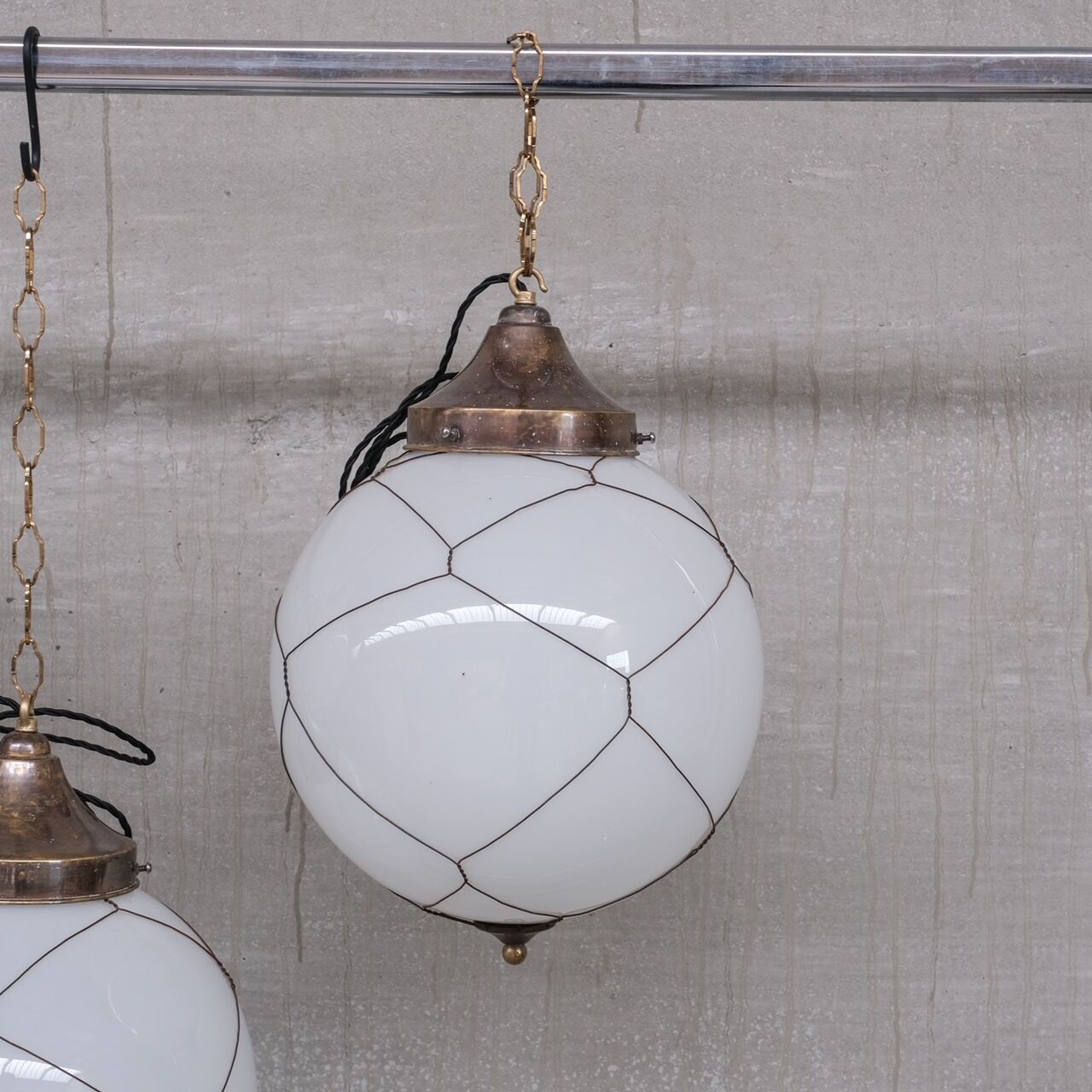 Opaline and brass mid-century caged pendant