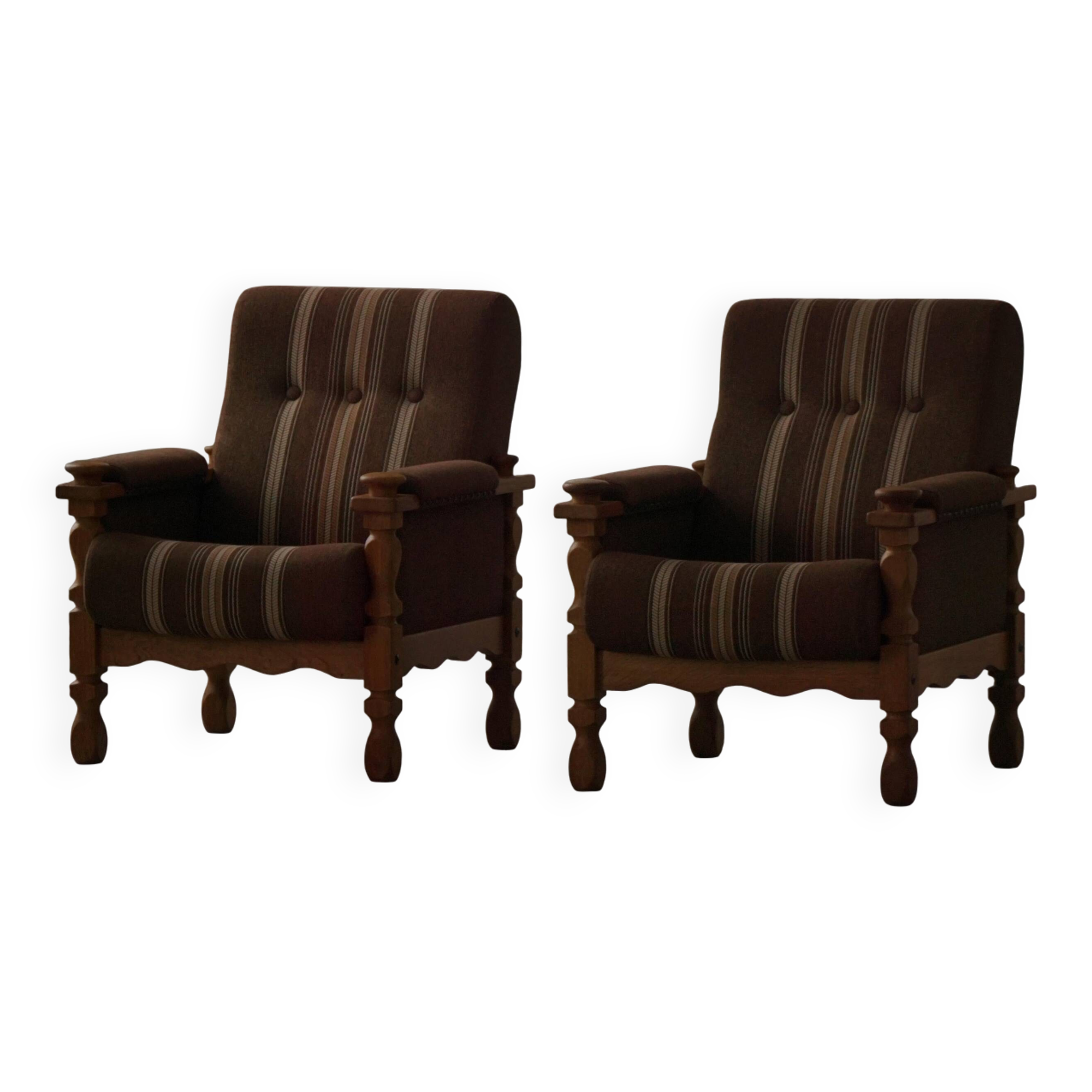 Modern Danish, a pair of lounge chairs in oak and wool, Henning Kjærnulf, 1960s.