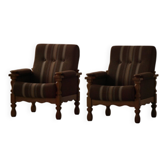 Modern Danish, a pair of lounge chairs in oak and wool, Henning Kjærnulf, 1960s.