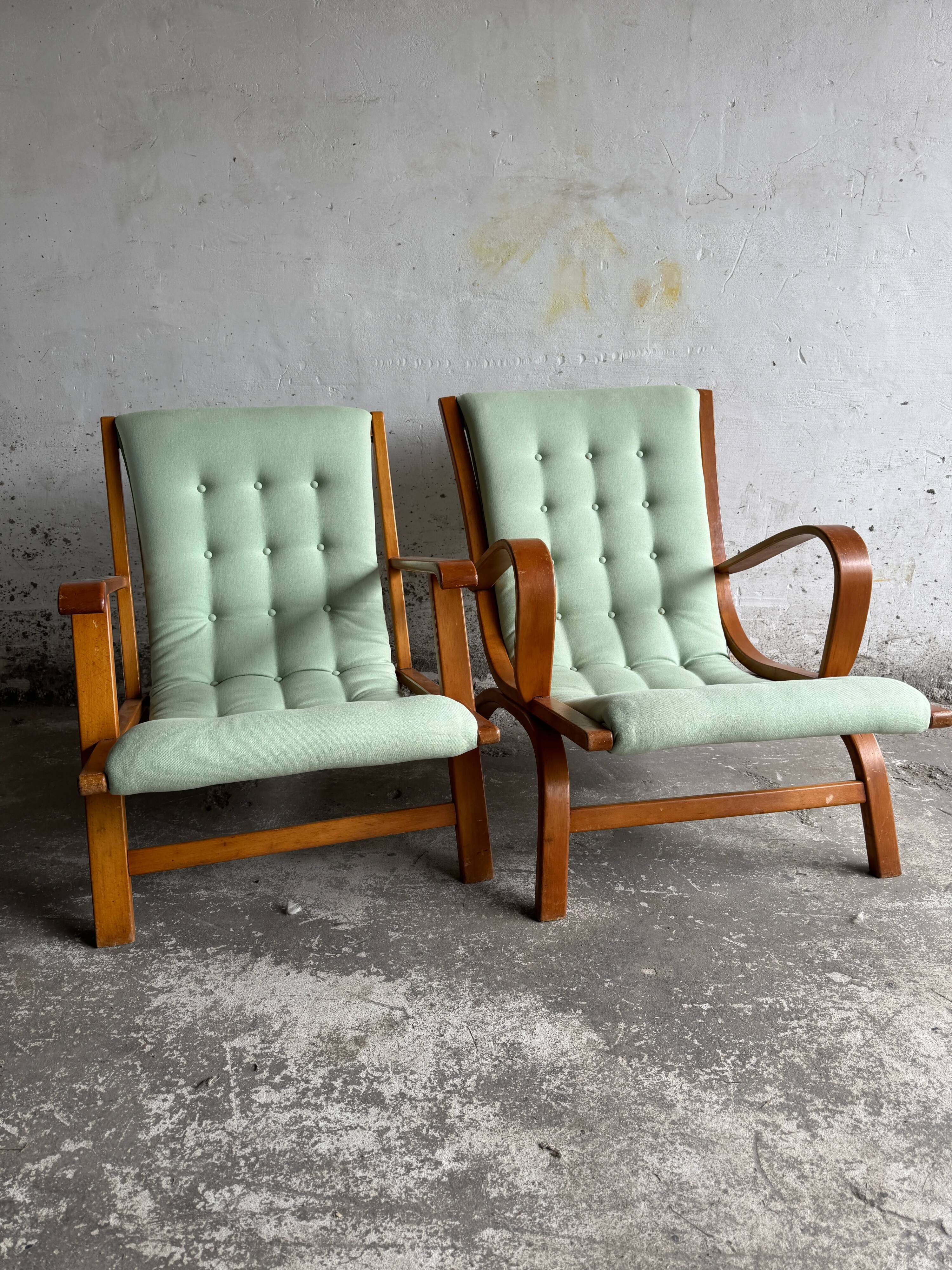 Set of 2 Vintage Mint Green Upholstered Lounge Chairs with Honey Wood Frames