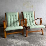 Set of 2 Vintage Mint Green Upholstered Lounge Chairs with Honey Wood Frames
