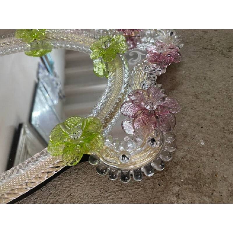 2000s Venetian Oval Green and Pink Floreal Hand-Carving Mirror in Murano Glass Style