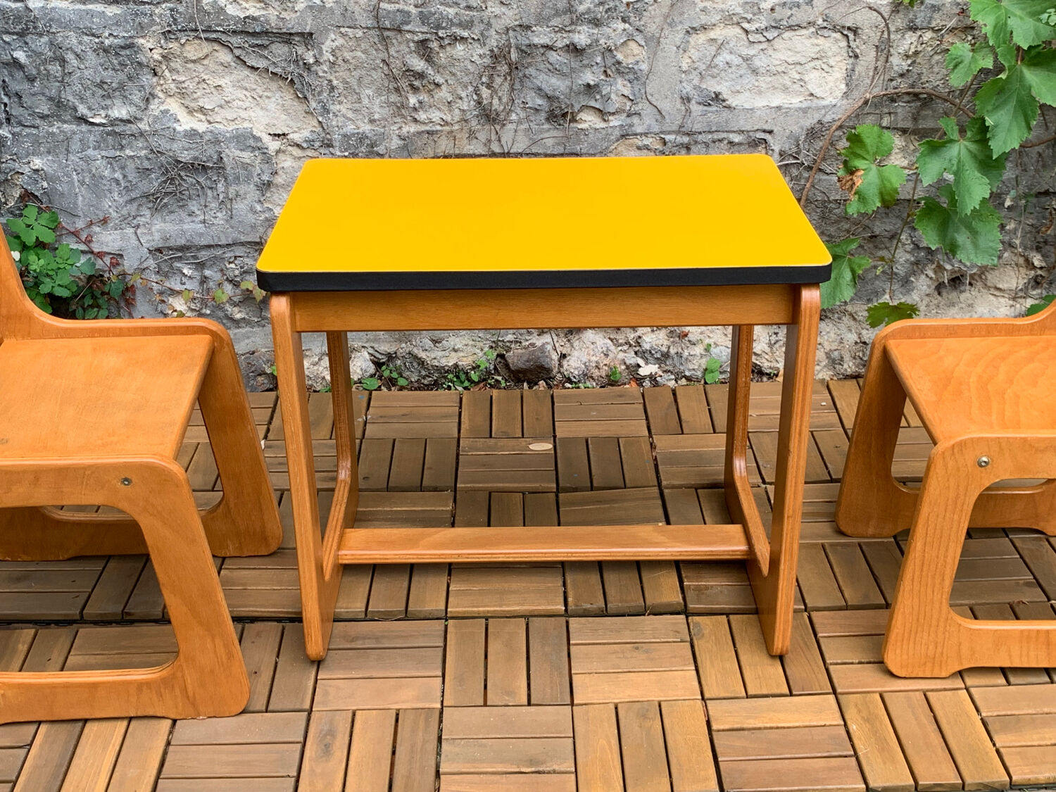 Children's wooden and formica desk and sled chairs 1970